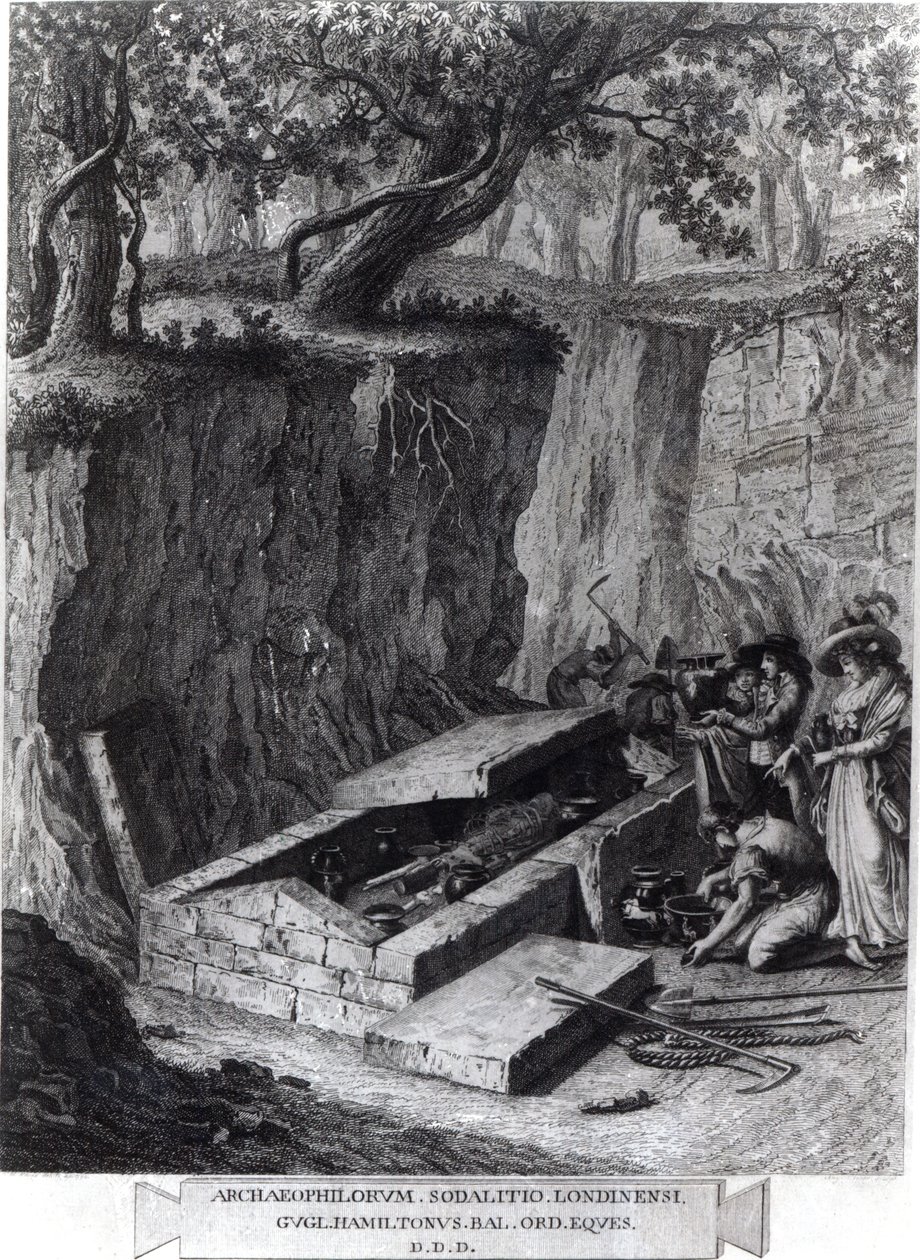Turister ser åbningen af en gammel grav, c.1766 af French School