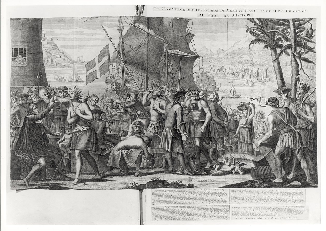 Handel mellem mexicanske indianere og franskmænd i havnen i Mississippi, af French School