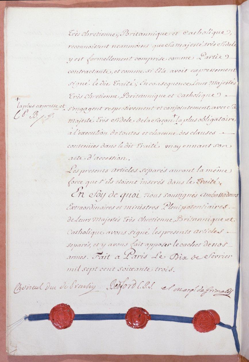 Paris-traktaten, der afslutter Syvårskrigen, underskrevet af Frankrig, Storbritannien og Spanien den 10. februar 1763 af French School