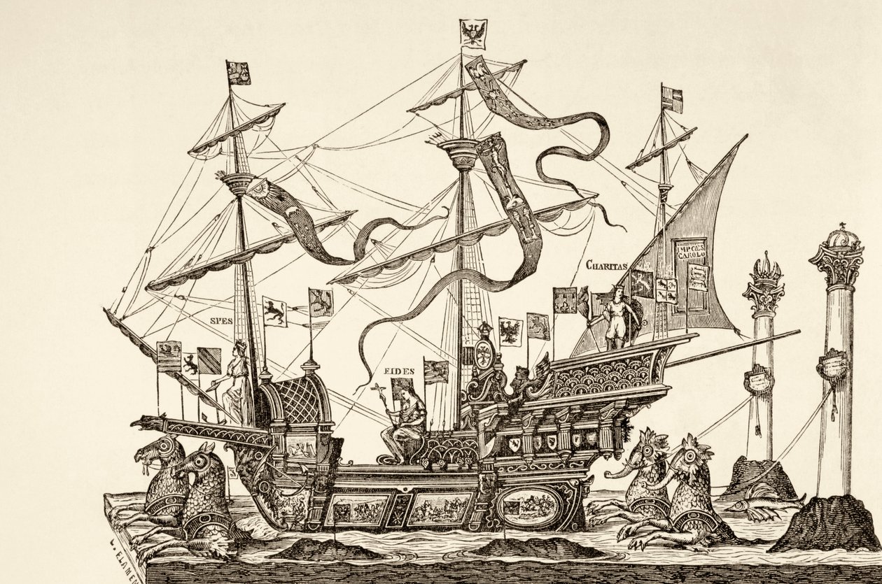 Triumffartøj tegnet på en vogn i Bruxelles i 1558, fra 