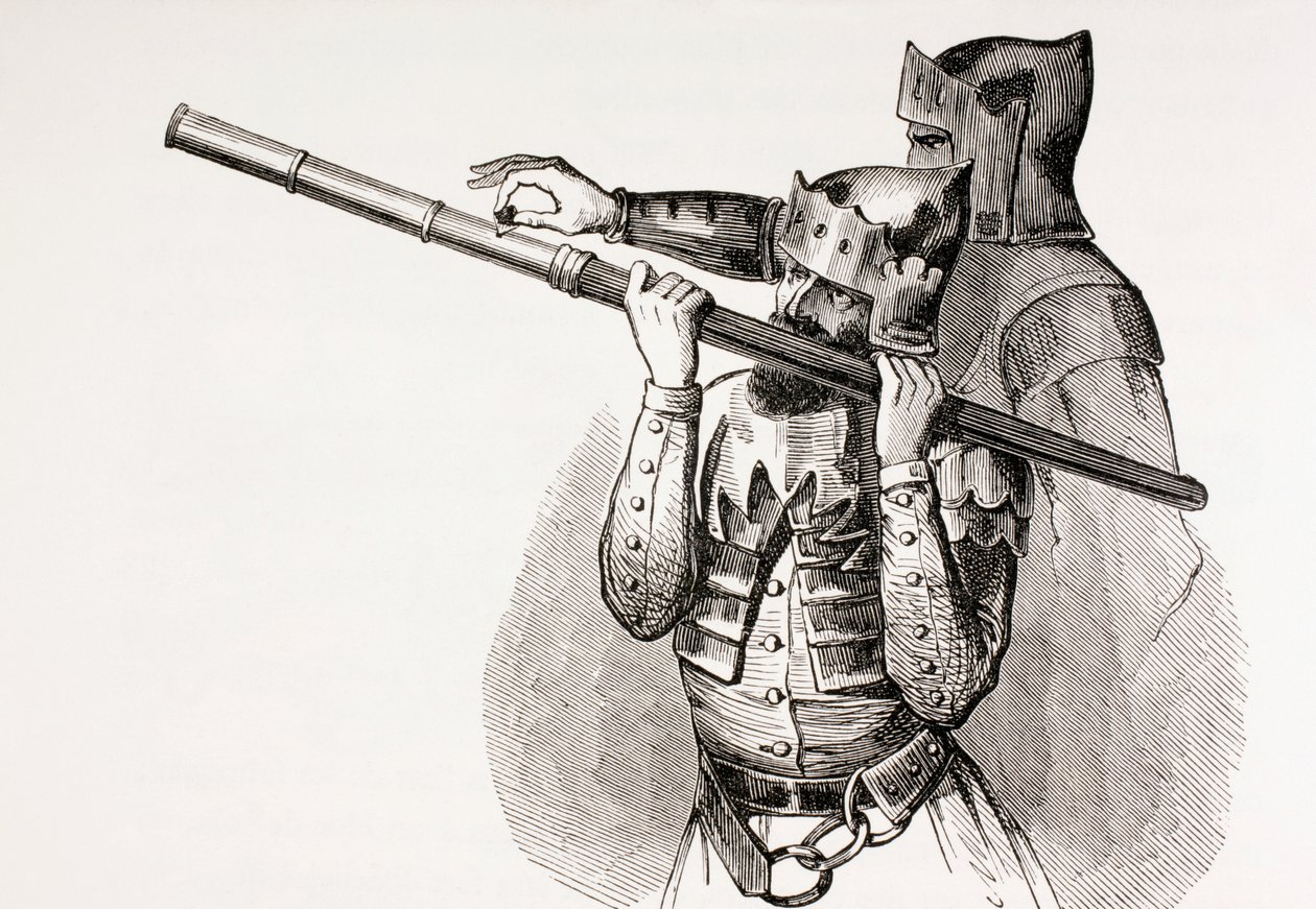 To soldater fra det 15. århundrede med en håndpistol eller affyringsstok, fra 