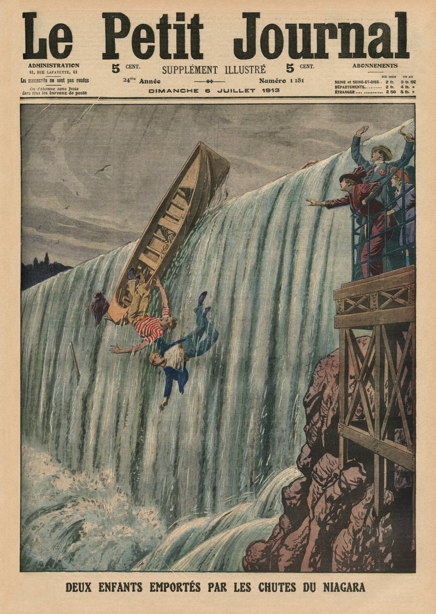 To børn, der bæres af Niagara-vandfaldene, illustration på forsiden af "Le Petit Journal", supplement illustre, 6. juli 1913 af French School