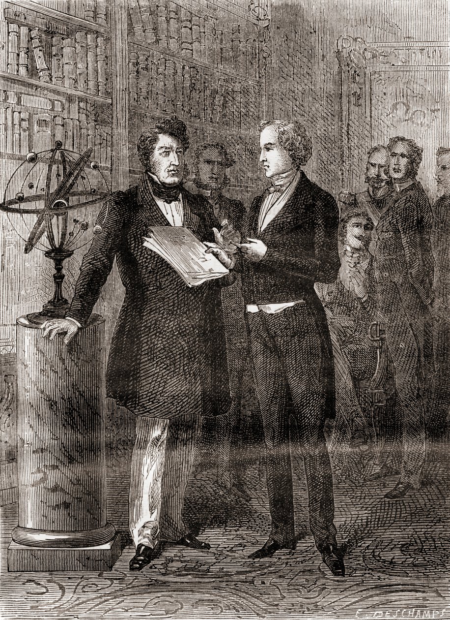 Urbain Jean Joseph Le Verrier, til højre, modtaget af kong Louis-Philippe, til venstre, i The Tuileries, Paris, Frankrig, efter hans opdagelse af planeten Neptun i 1846, fra Les Merveilles de la Science, pub af French School