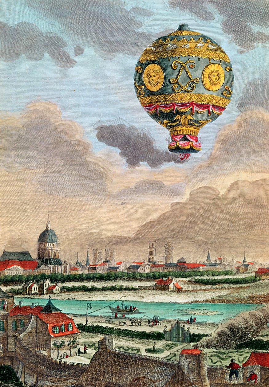 Udsigt fra Monsieur Franklins terrasse ved Passy af den første flyvning under ledelse af Monsieur de Montgolfier, 21. november 1783 af French School