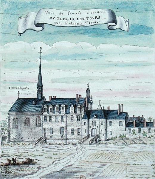 Udsigt over Chateau de Plessis-les-Tours og kapellet St. Jean i Tourraine, 1699 (pen & blæk og wc på papir) (se også 173767) af French School
