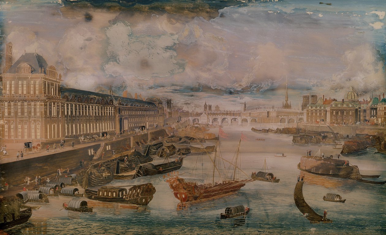 Udsigt over Seinen, Grande Galerie of Louvre og College des Quatre Nations, ca. 1680 af French School