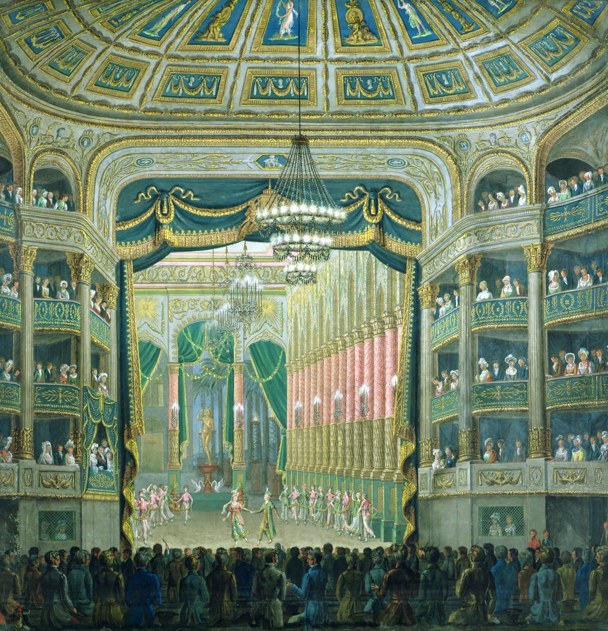 Udsigt over scenen i Paris Opera, Rue Richelieu, Paris af French School