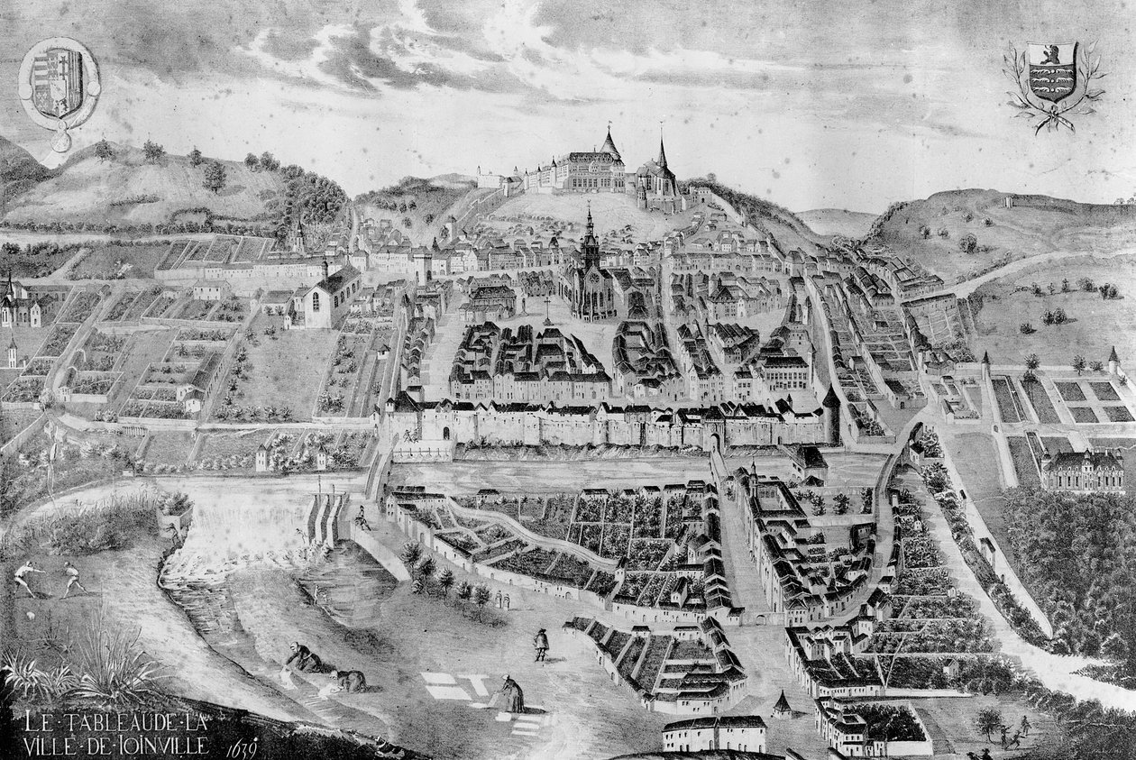 Udsigt over slottet og byen Joinville, fra et maleri fra 1639 af French School