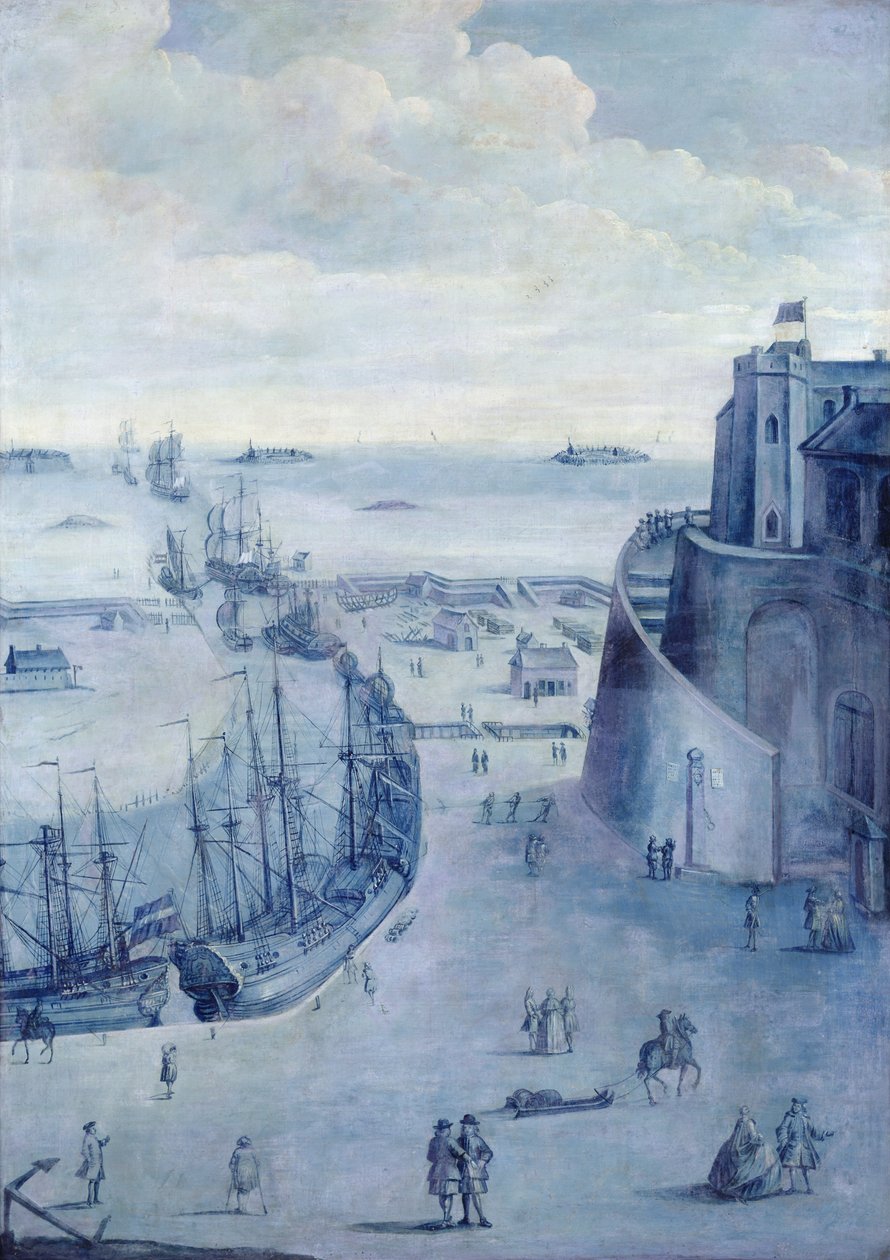 Udsigt over havnen i Dunkerque og slottet Dame de Cassel af French School