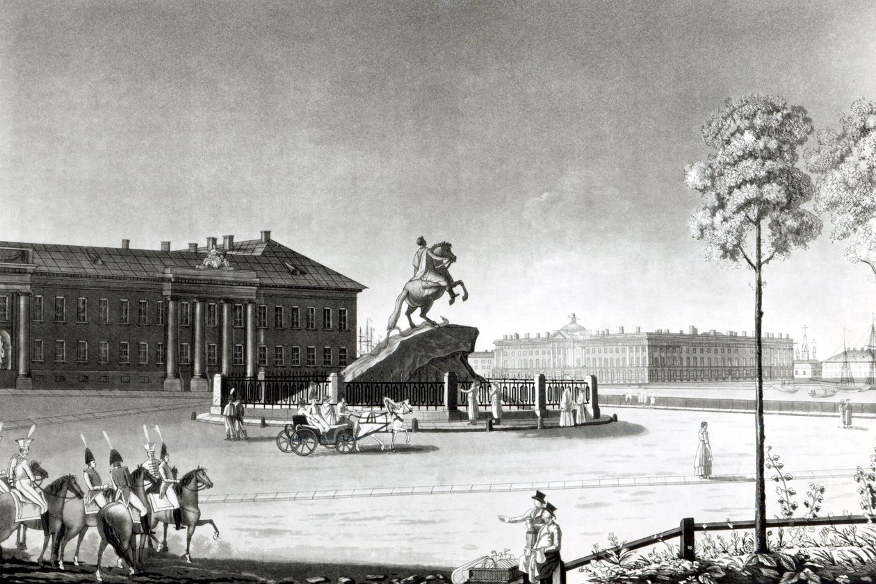 Udsigt over statuen af Peter den Store på Senatspladsen, St.Petersburg af French School