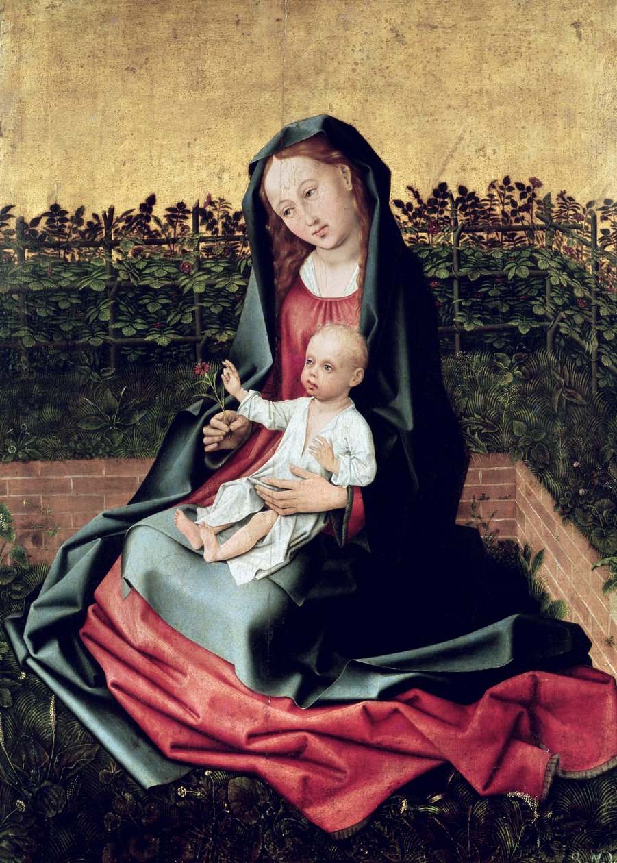 Jomfru og barn i den lille have eller Jomfru med rosespalier, ca.1470-72 af French School