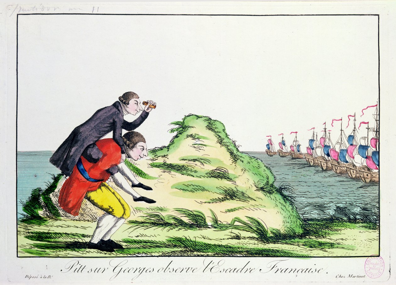 William Pitt den Yngre (1759-1806) rider på ryggen af George III (1738-1820) Observerer den franske eskadron, 1803 af French School