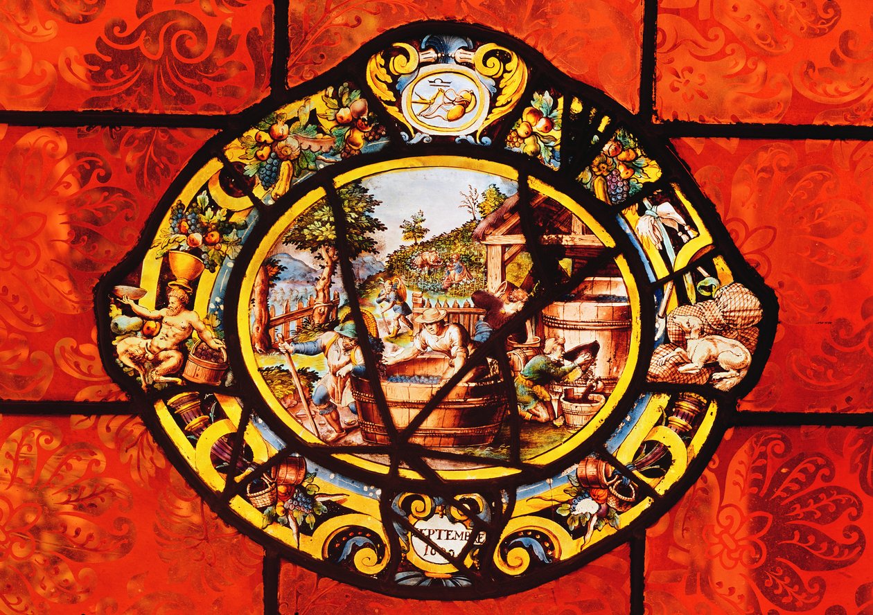 Vindue, der viser september, fra Montigny (farvet glas) af French School