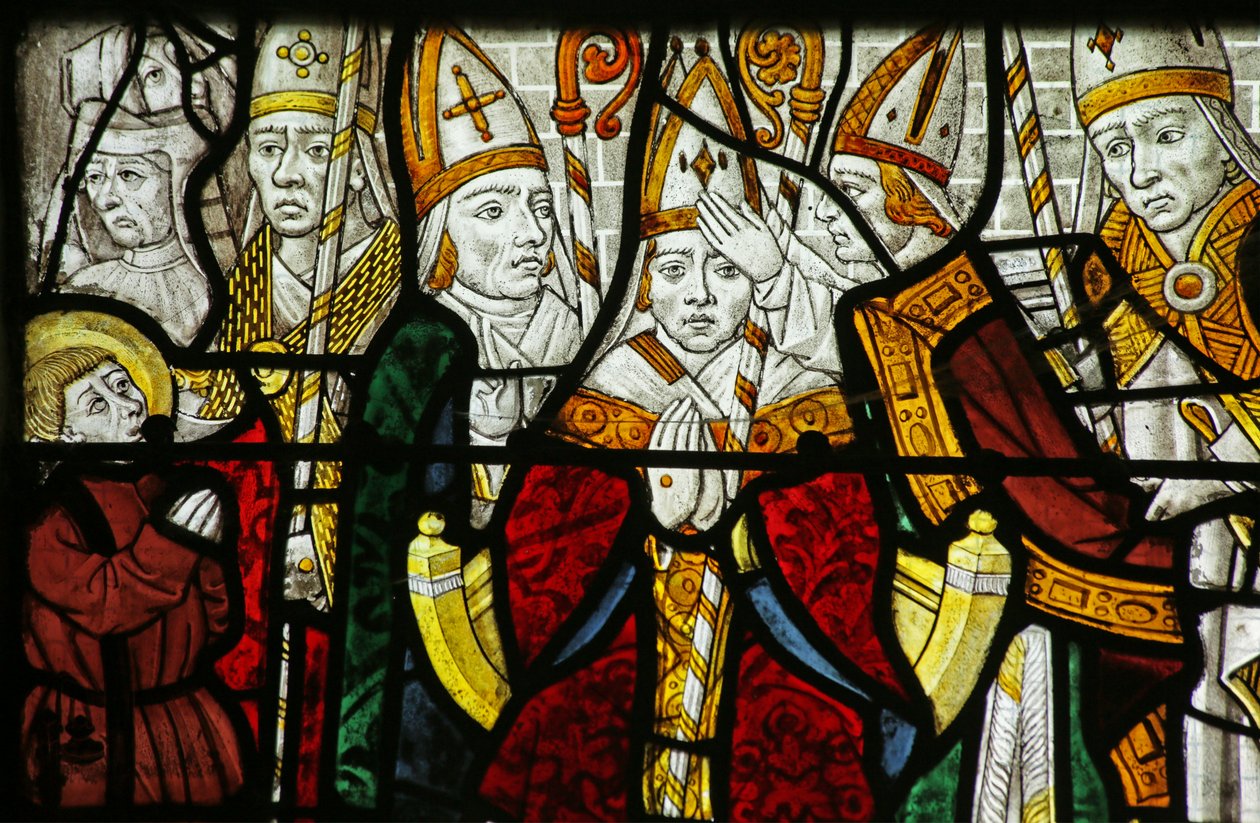 Vindue, der forestiller en biskop, muligvis St Nicholas, detalje fra 2921635 af French School