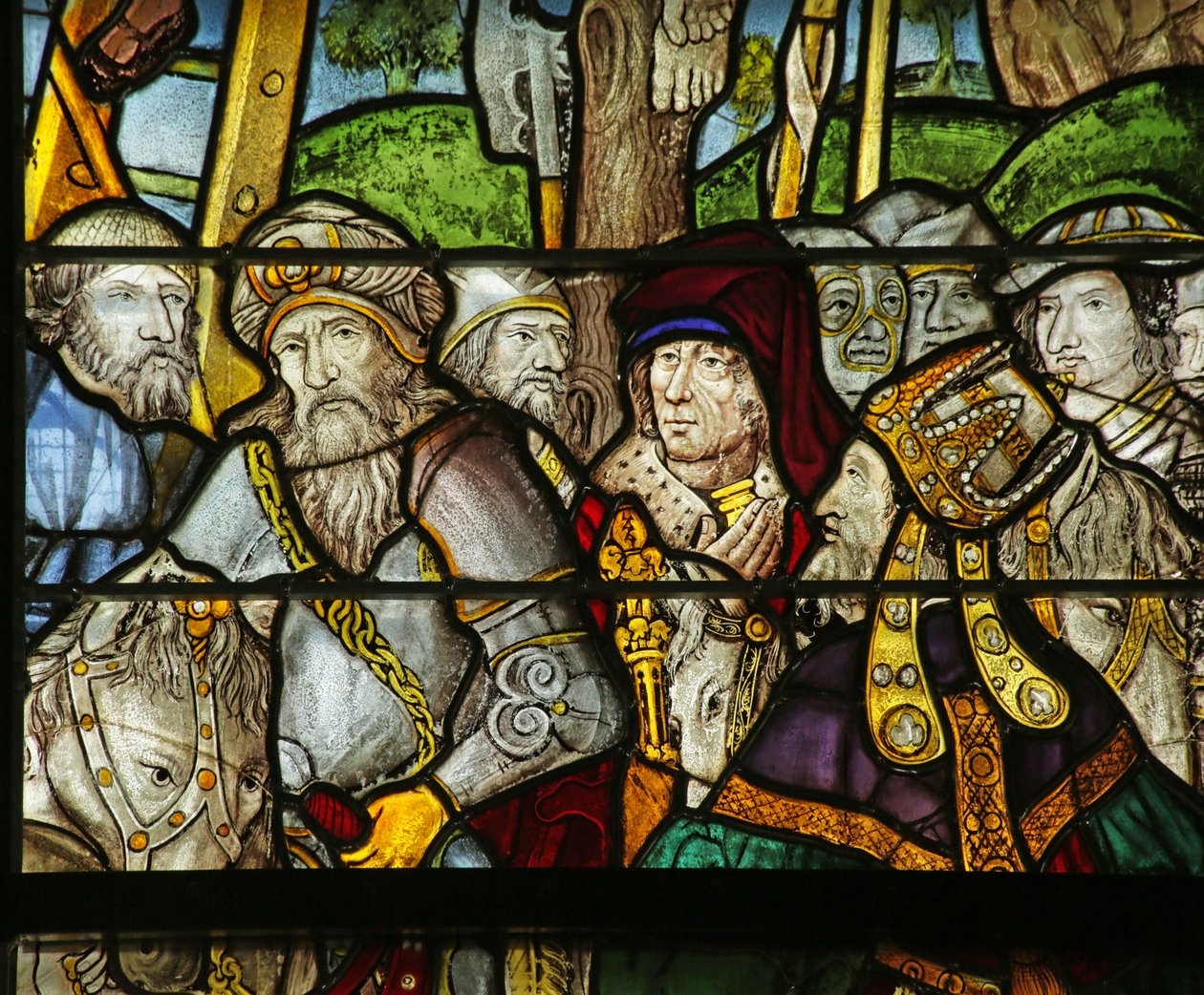 Vindue med soldater, præster, adelsmænd ved korsfæstelsen, detalje fra 2921604, 1500-10 af French School