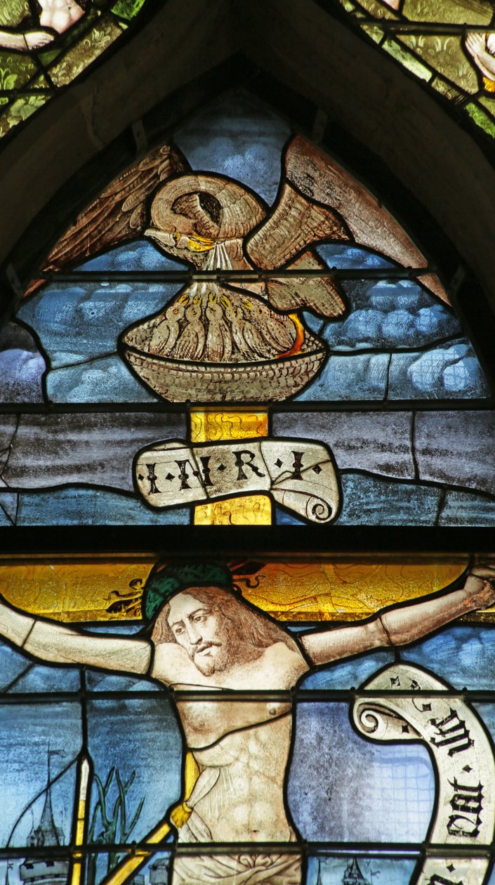 Vindue, der viser pelikanen, der fodrer sine unge, symbol på korsfæstelsen, detalje fra 2921604, 1500-10 af French School