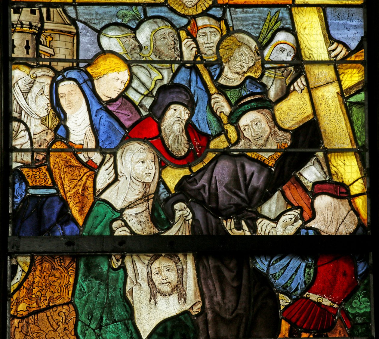 Vindue, der viser Via Crucis og Veronicas slør, detalje fra 2921604 af French School