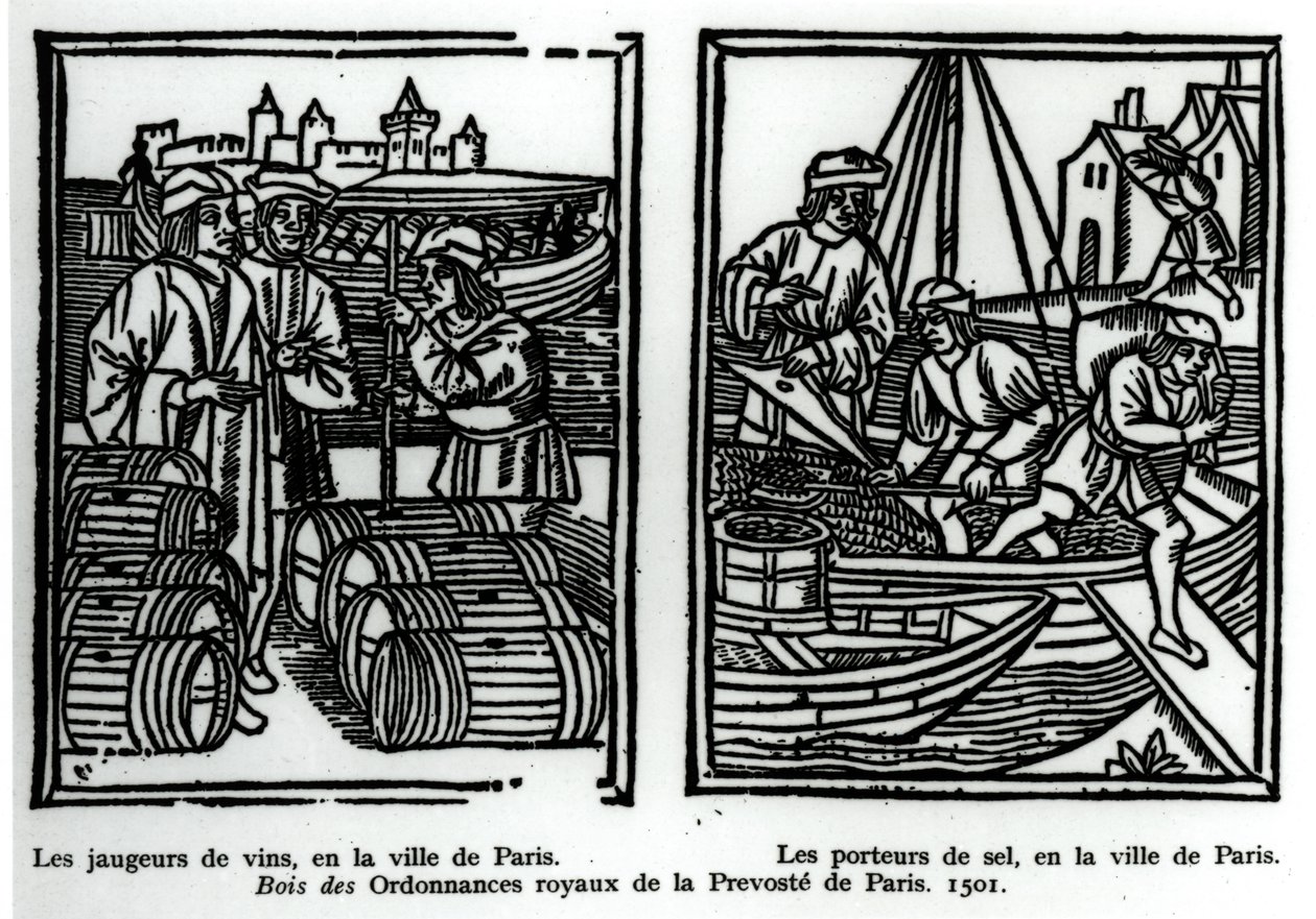 Vinmålere og salthandlere, 1501 (xylograf) af French School