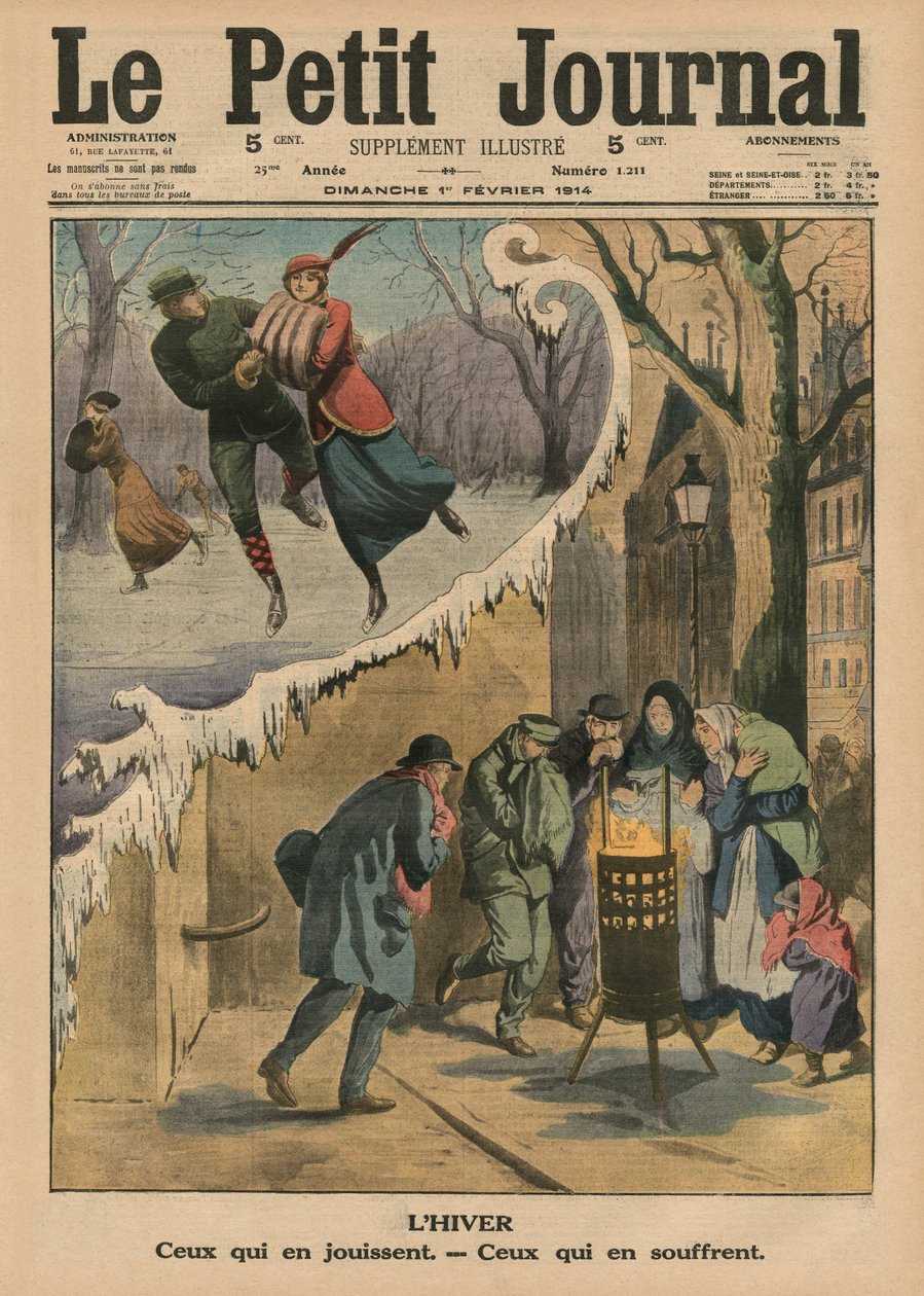 Vinteren, dem der nyder den, dem der lider under den, illustration på forsiden fra "Le Petit Journal", supplement illustre, 1. februar 1914 af French School