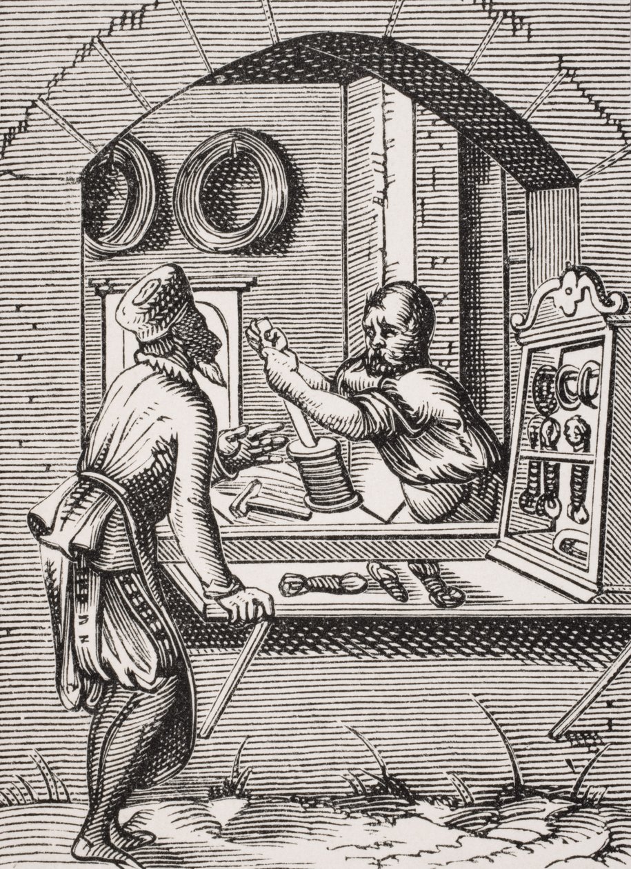 Trådarbejder, efter et træsnit af Jost Amman (1539-91) fra "Le Moyen Age et La Renaissance" af Paul Lacroix (1806-84) udgivet i 1847 af French School