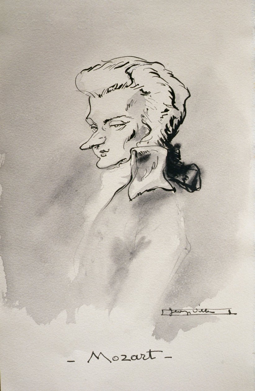 Wolfgang Amadeus Mozart (1756-91) (pen og blækvask på papir) af French School