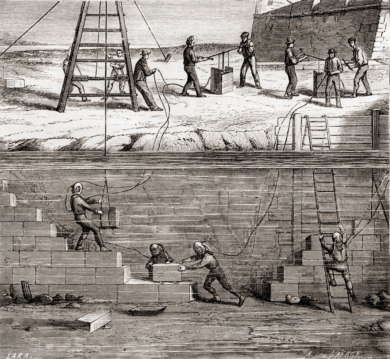 Arbejdere i dykkerdragter, der arbejder på undervandskonstruktioner i det 19. århundrede, fra Les Merveilles de la Science, udgivet ca. 1870 af French School