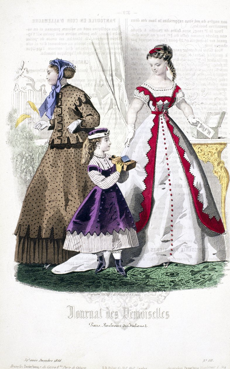 Unge kvinder ser stereofotografier fra Journal des Demoiselles, december 1866 af French School