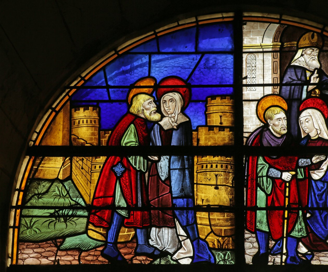 Vindue, der forestiller Saint Anne og Joachim ved Golden Gate, 1500-1900-tallet af French School