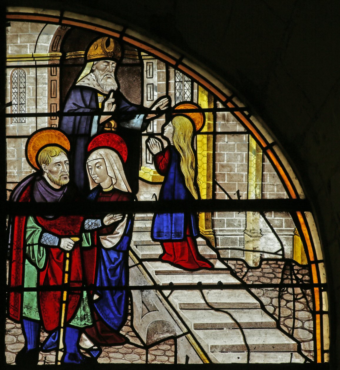 Vindue, der afbilder Jomfru Marias historie: Præsentation i templet, 16.-20. århundrede (for det meste moderne) af French School