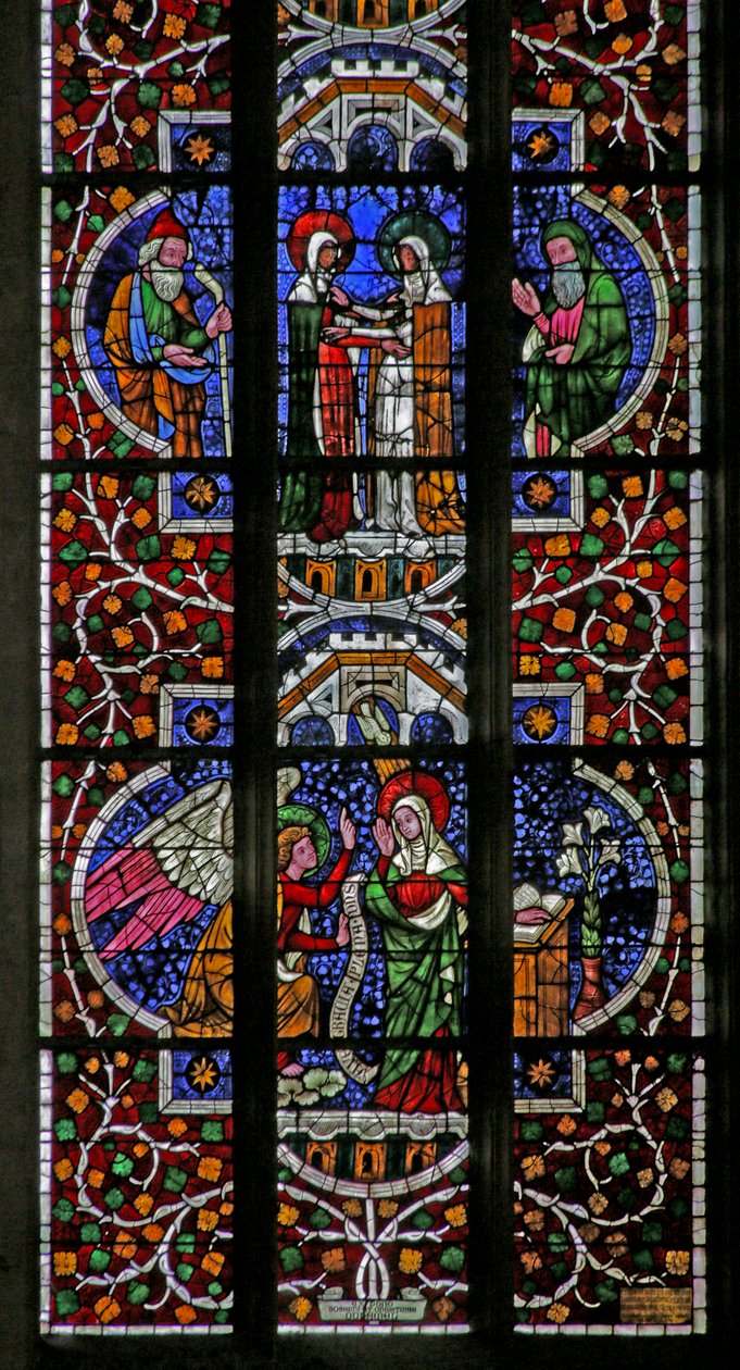 Vindue, der viser Kristi barndom (for det meste moderne): Visitation, Annunciation, 16.-19. århundrede af French School