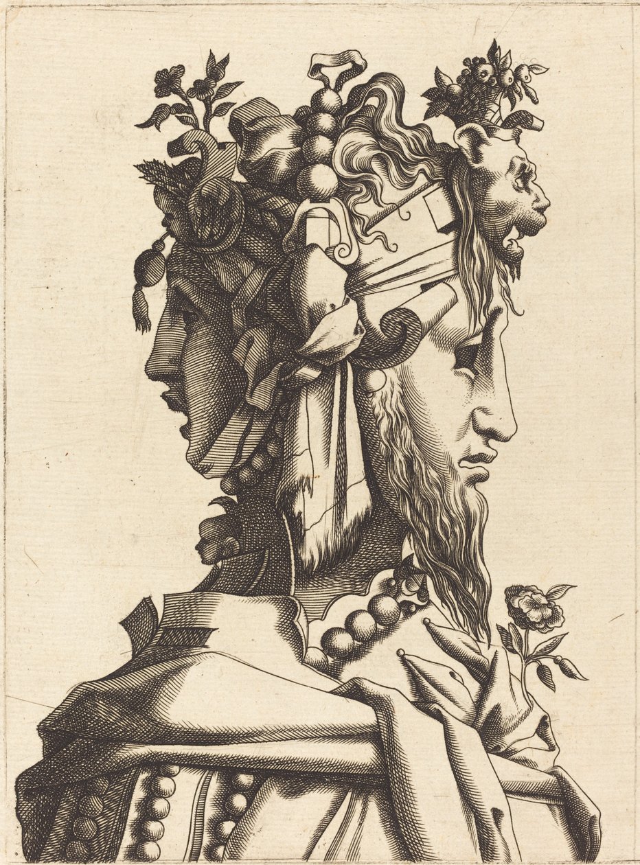 Buste af en kvinde i et ekstravagant kostume af French 16th Century after René Boyvin or Pierre Milan