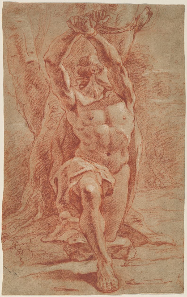 Knælende mand bundet til et træ af French 17th Century