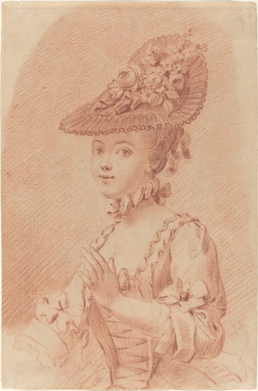 En ung pige iført en blomstret hat af French 18th Century