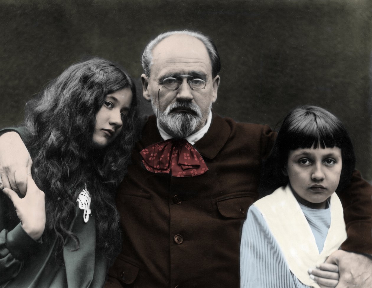 Émile Zola med sine døtre Denise og Jacques i sit hus i Verneuil-sur-Seine (foto) af French Photographer