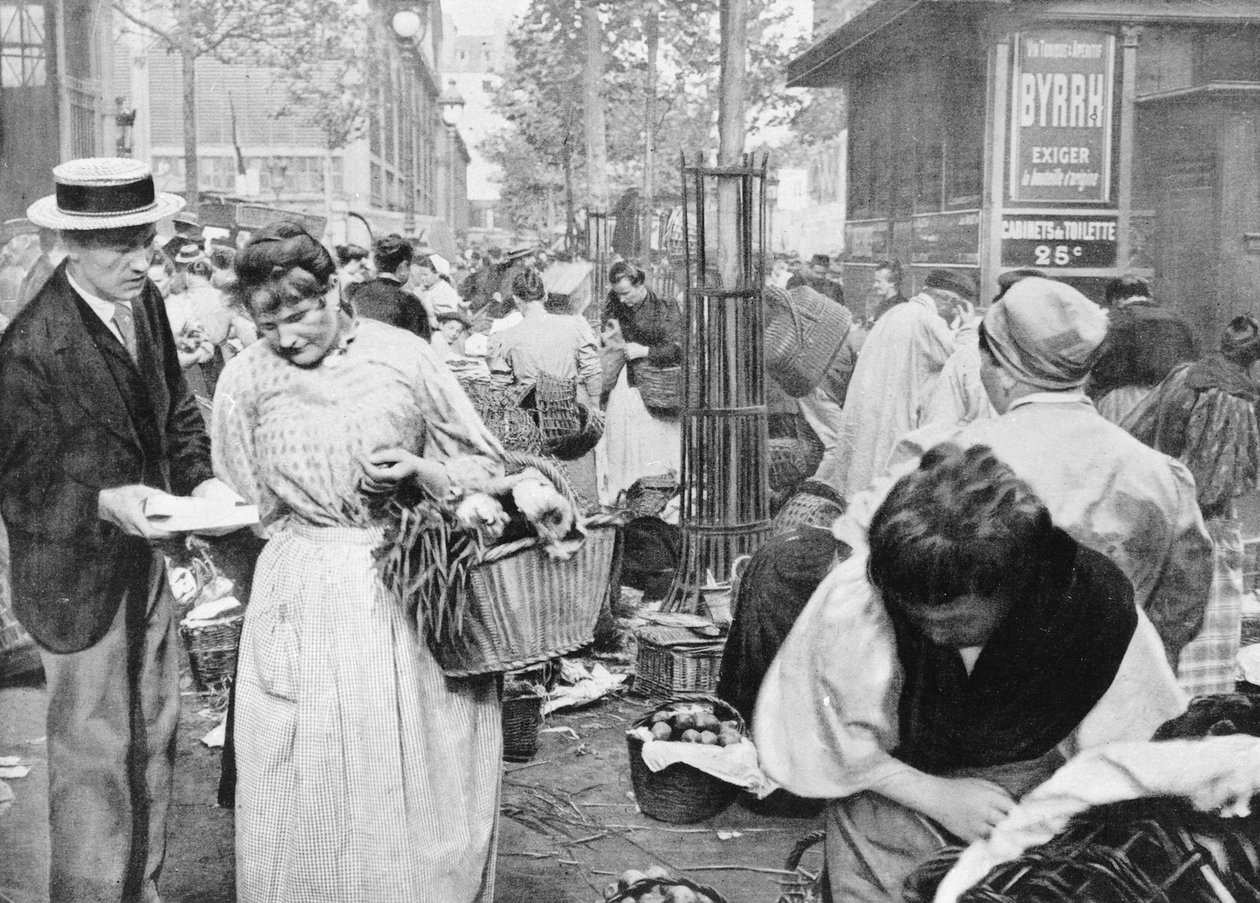 Hawker blandt købere og sælgere, Les Halles, Paris, 1896 af French Photographer