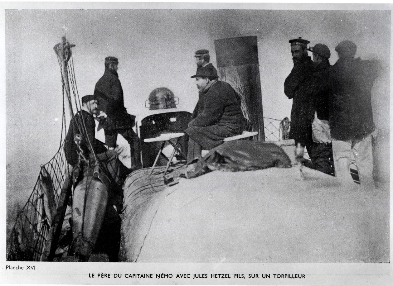 Jules Verne (1828-1905) og Jules Hetzel søn på en torpedo. af French Photographer