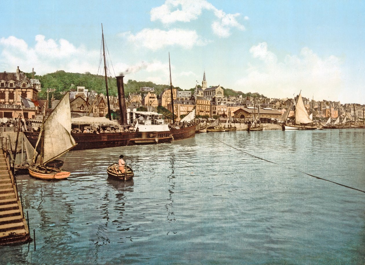Pakkebåd på Touques-floden, Trouville, pub. 1900 af French Photographer
