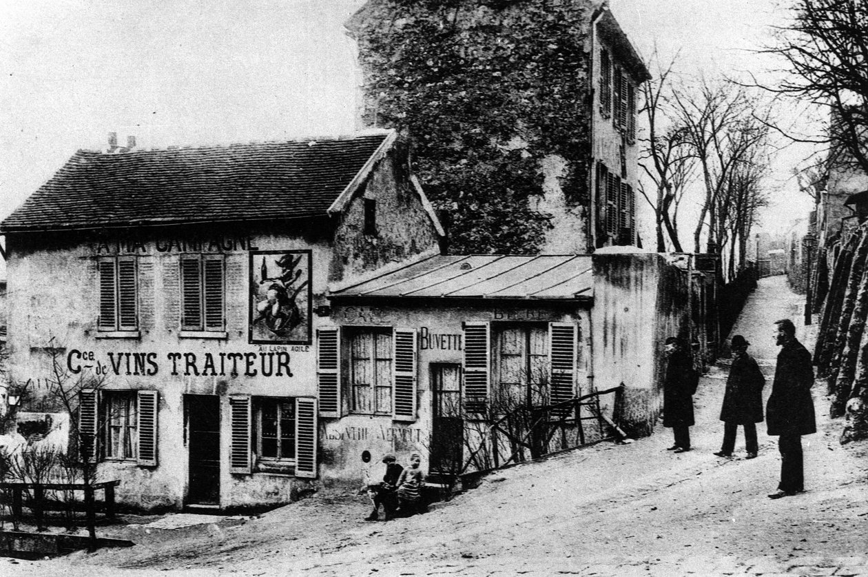 Paris: cabaret des assassins, cabaret du Lapin Agile rue des Saules - fotografi, slutningen af det 19. eller begyndelsen af det 20. århundrede af French Photographer