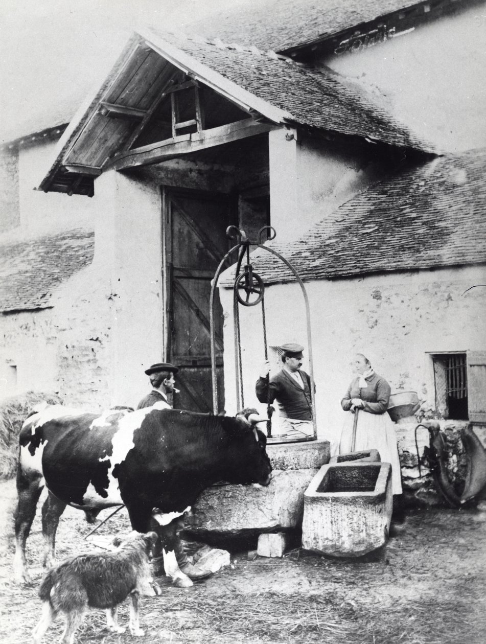 Bønder omkring en brønd, i en gård, ca. 1860-70 (s/h foto) af French Photographer