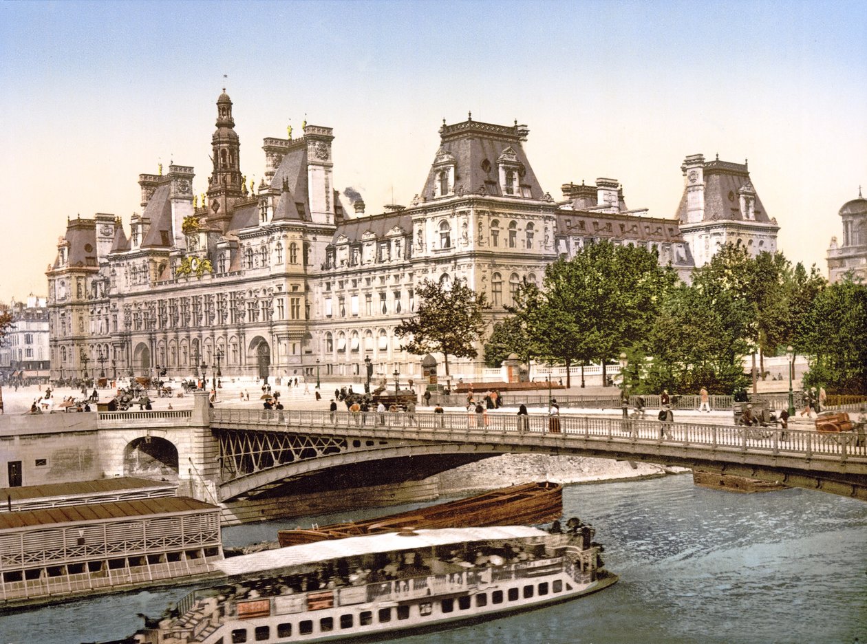 Pont dArcole og The Hotel de Ville, Paris, pub. ca. 1900 af French Photographer