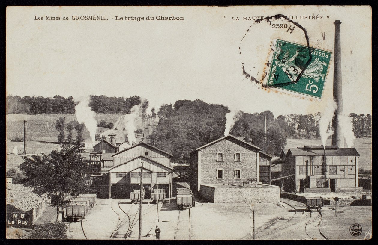 Postkort, der viser minerne i Grosmenil, der sorterer kul, Haute-Loire, ca. 1900 af French Photographer