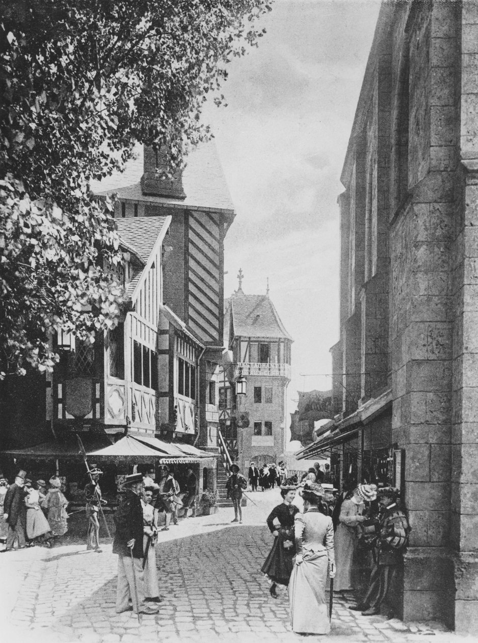 Rue des Vieilles Ecoles og Saint Julien-kirken, i det gamle Paris, ved Exposition Universelle i 1900 af French Photographer