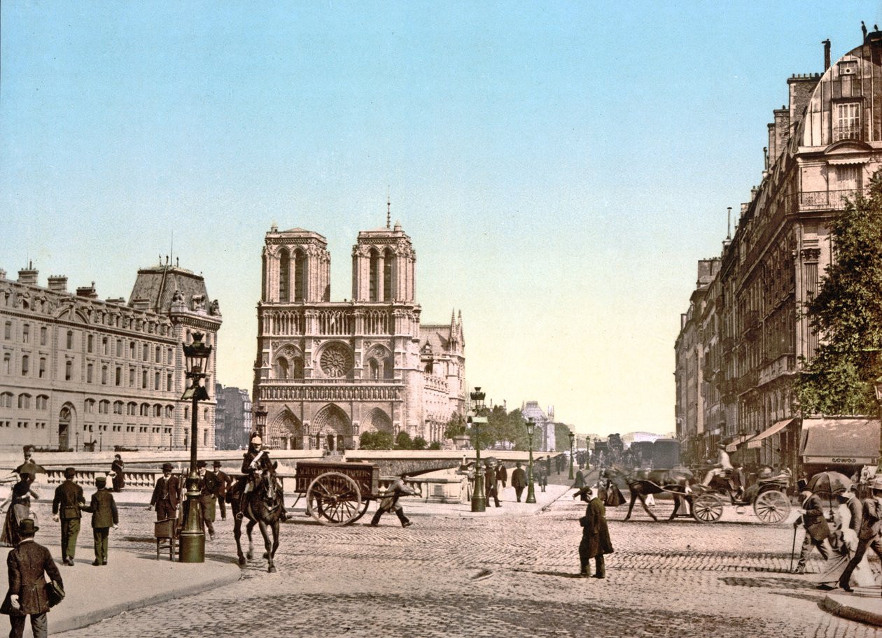 Den vestlige facade af Notre Dame og Pont St. Michel, Paris, pub. ca. 1900 af French Photographer