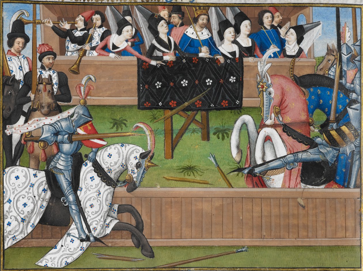 (Miniature). Knights dyster ved en middelalderturnering. Den ene lanse er knækket. af French School