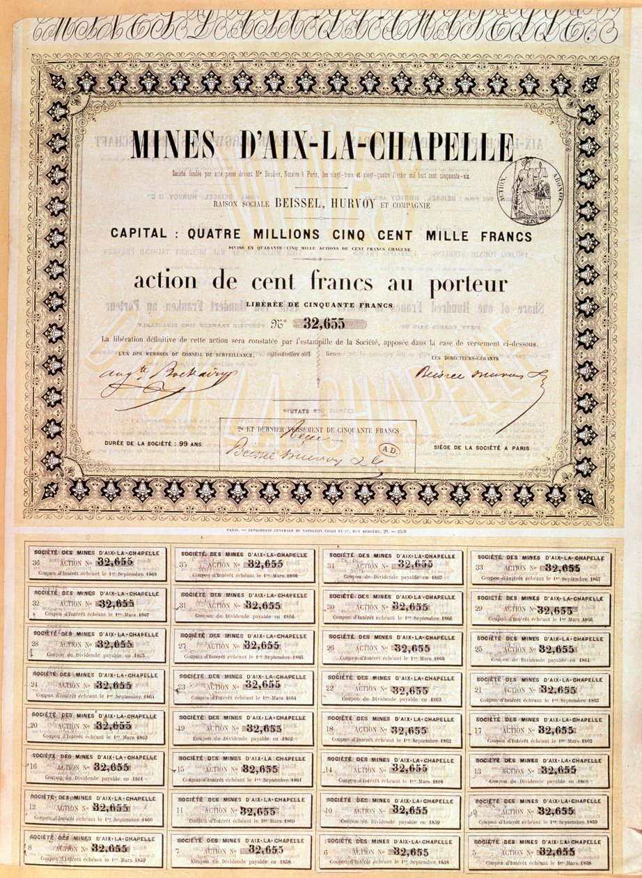 100 francs Ihændehaverandel af Aachen-minerne, 1856 af French School
