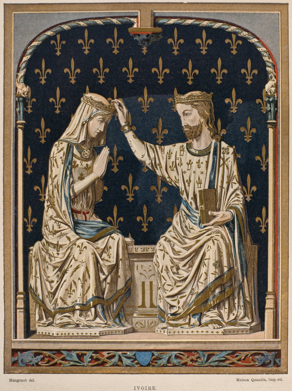 Jomfruens kroning fra det 14. århundrede, elfenben fra Louvre, illustration fra Dictionnaire de lameublement et de la dekoration af Henry Havard, bind 3, plade 1, Paris, Maison Quantin, 1878 (co. af French School