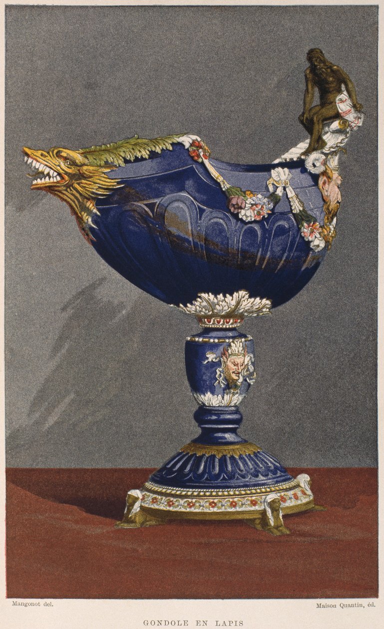 1500-tals gondolformet bæger indlagt med lapis lazuli, monteret i emaljeret og forgyldt sølv, illustration fra Dictionnaire de lameublement et de la dekoration af Henry Havard, bind 2, tallerken af French School