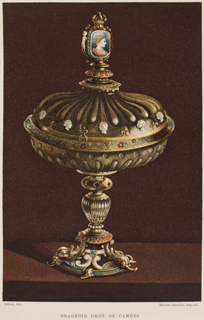 17. århundrede sød krukke med cameos, illustration fra Dictionnaire de lameublement et de la dekoration af Henry Havard, bind 2, tallerken 11, Paris, Maison Quantin, 1878 af French School
