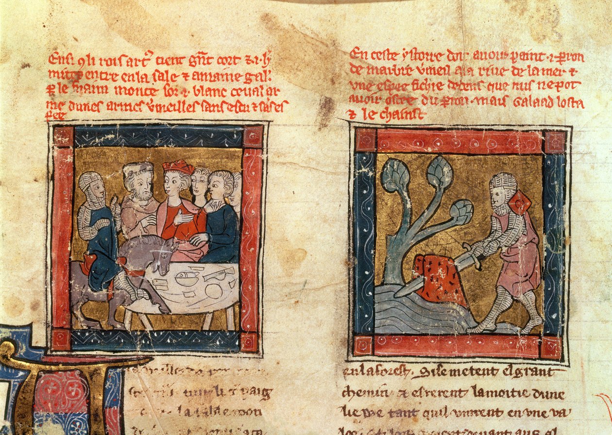 184 Fr.110 f.405 Galahad kommer til Arthur og Galahad trækker sværdet fra den flydende sten i floden ved Camelot, ca. 1250-80 (se også 150479) af French School