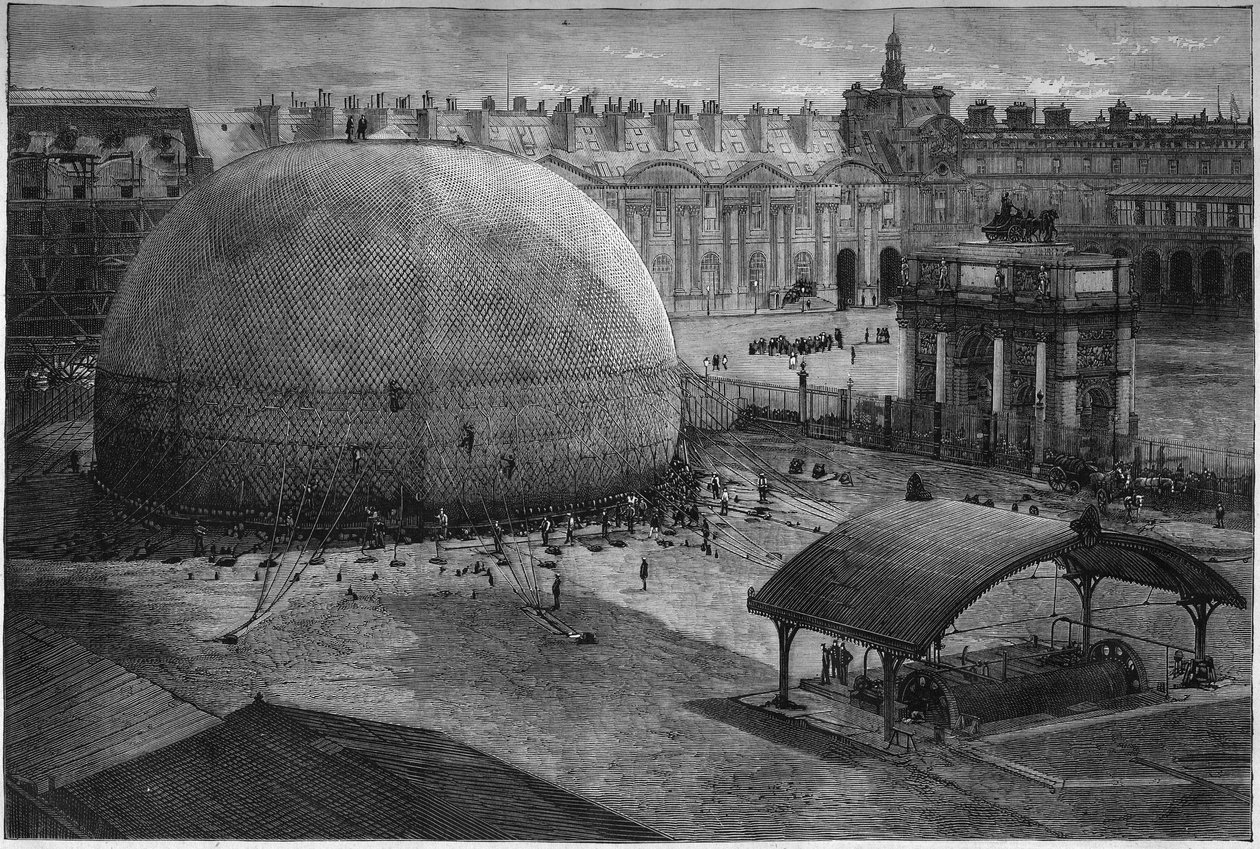 1878 Verdensudstilling i Paris: hævelse af Henri Giffards fangede ballon sætter sig i gården til Tuilerierne. Indgravering i "" Le Monde Illustré"" nr. 1112 af 20. juli 1878. af French School